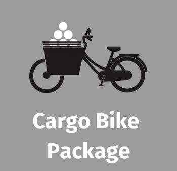 a digital drawing of a cargo bike with the words 'cargo bike package' underneath 